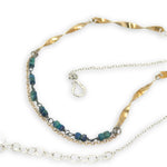 brass hammered and twisted bar necklace chain with mini azurite cube gemstones, oxidized sterling wire and gold filled delicate chain