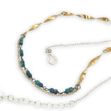 brass hammered and twisted bar necklace chain with mini azurite cube gemstones, oxidized sterling wire and gold filled delicate chain
