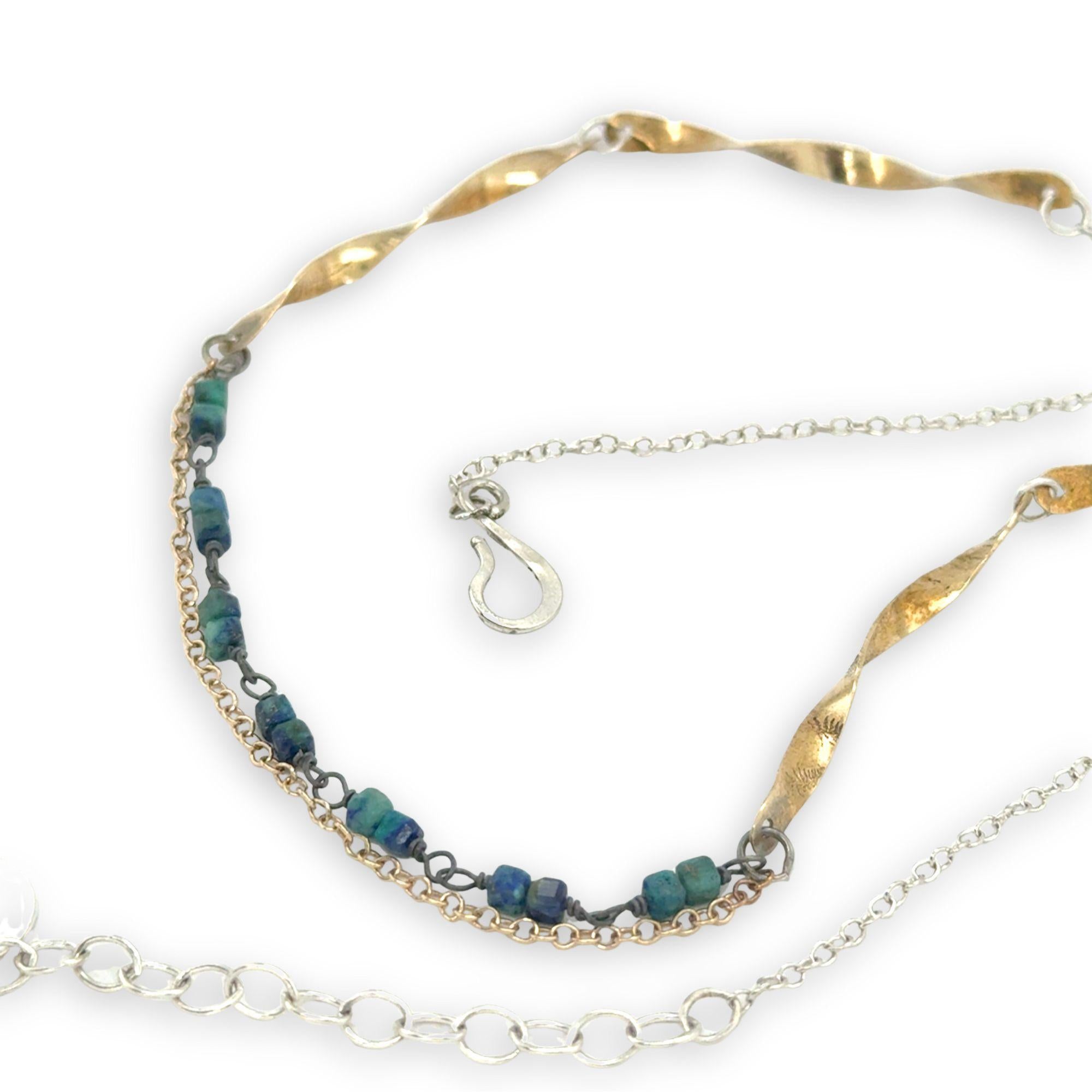 brass hammered and twisted bar necklace chain with mini azurite cube gemstones, oxidized sterling wire and gold filled delicate chain