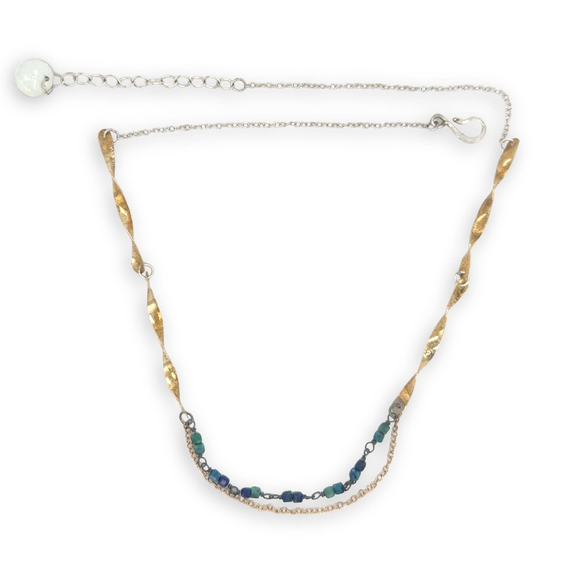 brass hammered and twisted bar necklace chain with mini azurite cube gemstones, oxidized sterling wire and gold filled delicate chain