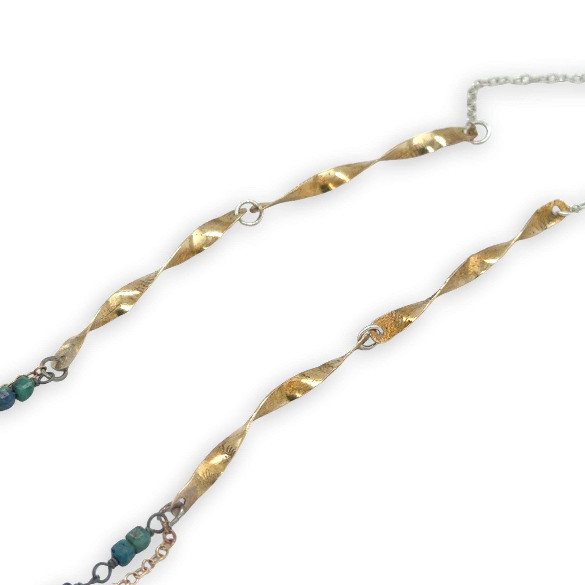 brass hammered and twisted bar necklace chain with mini azurite cube gemstones, oxidized sterling wire and gold filled delicate chain