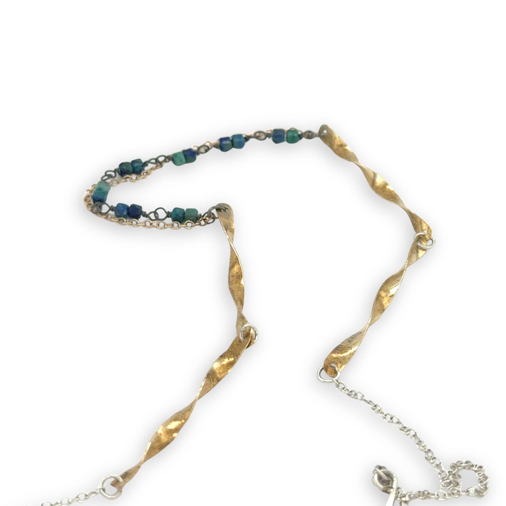 brass hammered and twisted bar necklace chain with mini azurite cube gemstones, oxidized sterling wire and gold filled delicate chain
