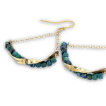 Hammered brass twisted bars lined with azurite cube gemstones swinging from gold filled delicate chain earrings
