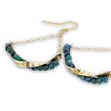 Hammered brass twisted bars lined with azurite cube gemstones swinging from gold filled delicate chain earrings