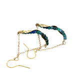 Hammered brass twisted bars lined with azurite cube gemstones swinging from gold filled delicate chain earrings