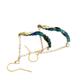 Hammered brass twisted bars lined with azurite cube gemstones swinging from gold filled delicate chain earrings