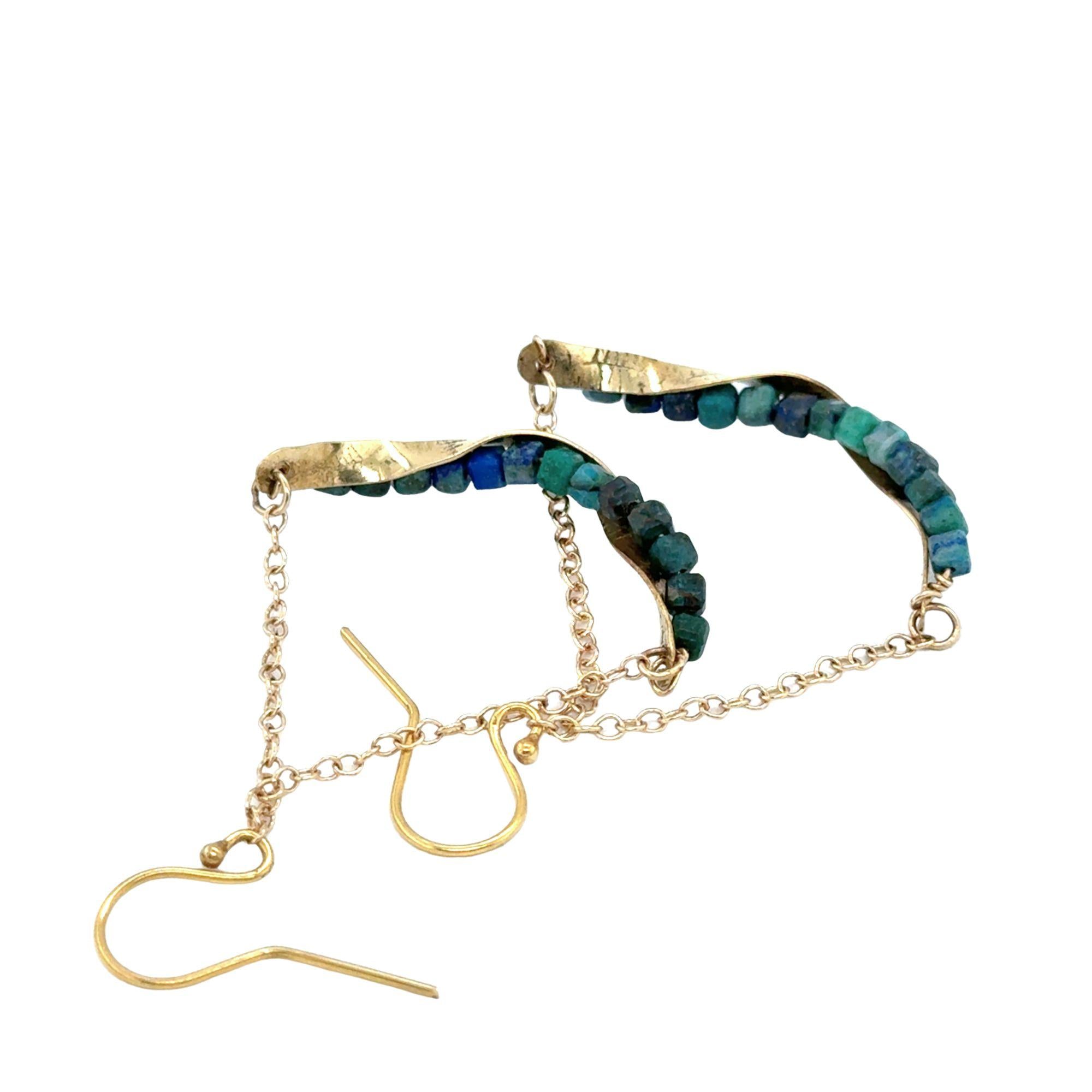 Hammered brass twisted bars lined with azurite cube gemstones swinging from gold filled delicate chain earrings