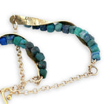 Hammered brass twisted bars lined with azurite cube gemstones swinging from gold filled delicate chain earrings