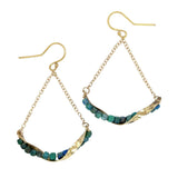 Hammered brass twisted bars lined with azurite cube gemstones swinging from gold filled delicate chain earrings