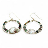 Sterling silver hammered channel hoop earrings lined with fancy jasper faceted gemstones and keshi fresh water pearls