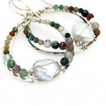 Sterling silver hammered channel hoop earrings lined with fancy jasper faceted gemstones and keshi fresh water pearls