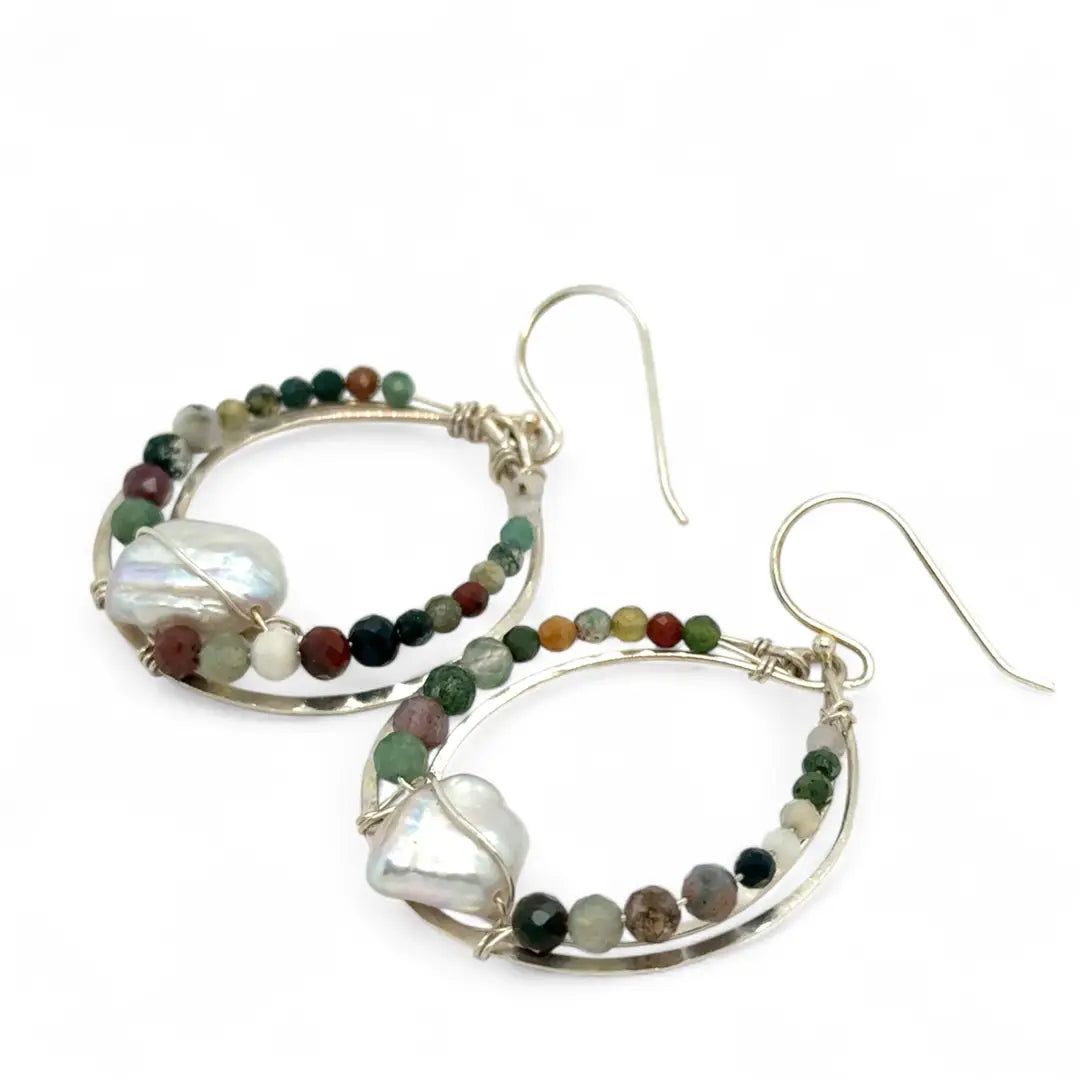 Sterling silver hammered channel hoop earrings lined with fancy jasper faceted gemstones and keshi fresh water pearls
