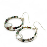 Sterling silver hammered channel hoop earrings lined with fancy jasper faceted gemstones and keshi fresh water pearls