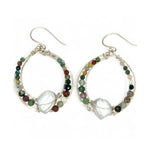 Sterling silver hammered channel hoop earrings lined with fancy jasper faceted gemstones and keshi fresh water pearls