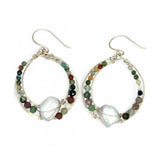 Sterling silver hammered channel hoop earrings lined with fancy jasper faceted gemstones and keshi fresh water pearls