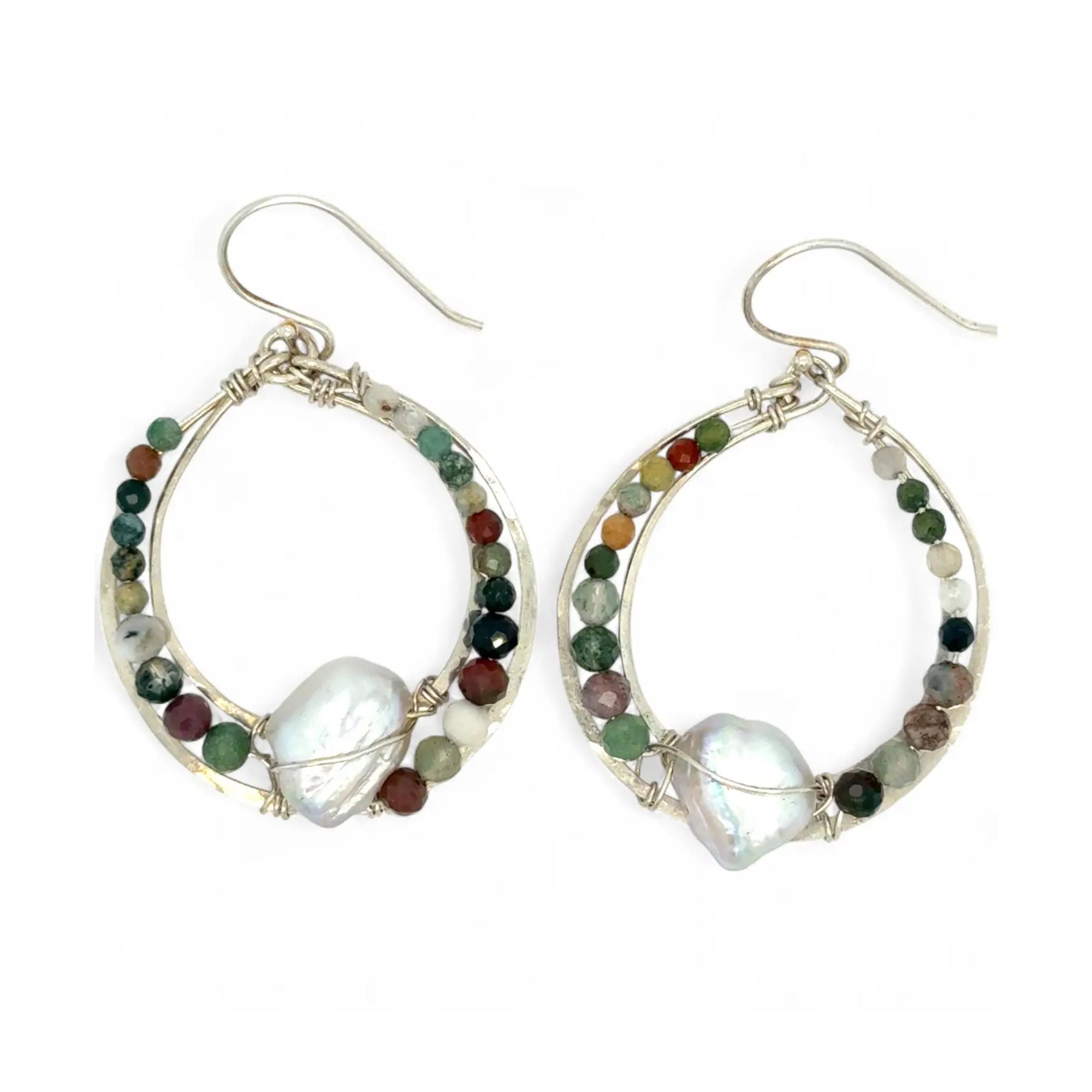 Sterling silver hammered channel hoop earrings lined with fancy jasper faceted gemstones and keshi fresh water pearls
