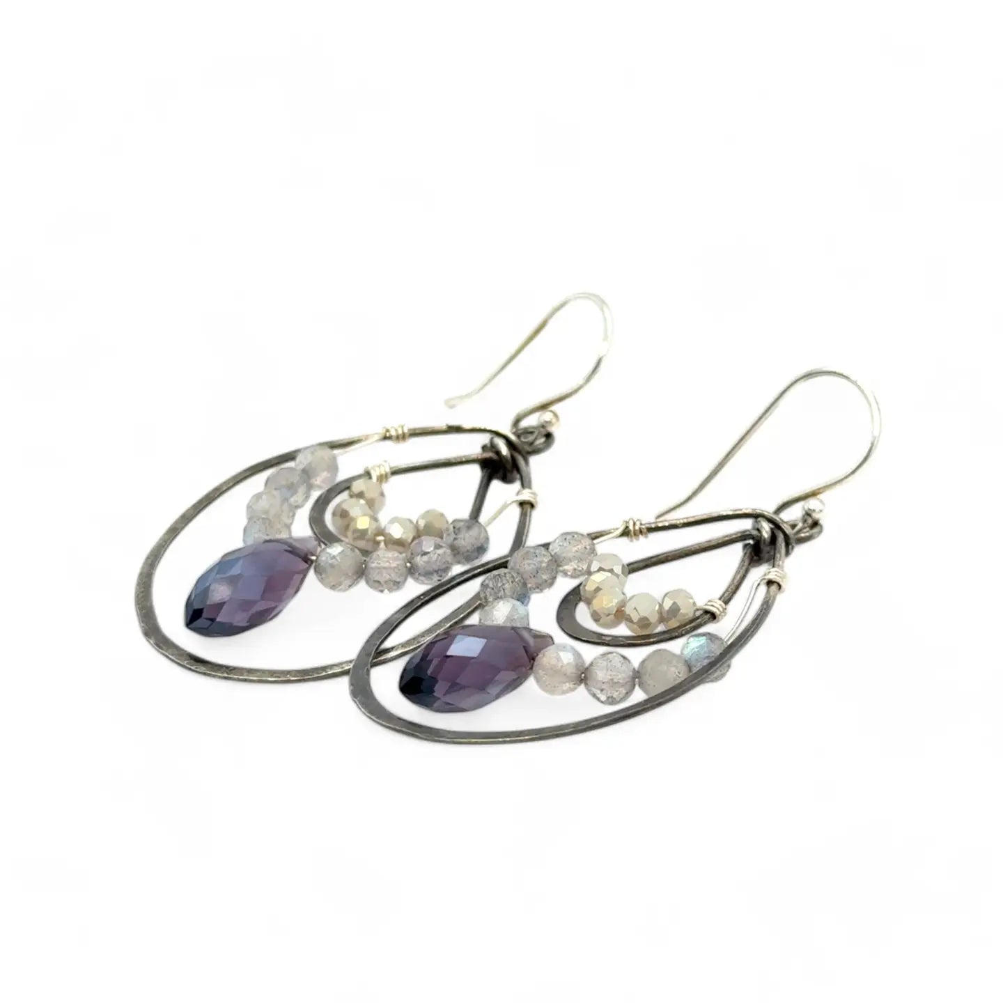 Oxidized sterling silver channel hoop earrings embellished with labradorite gemstones and plum colored crystal drops