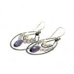 Oxidized sterling silver channel hoop earrings embellished with labradorite gemstones and plum colored crystal drops