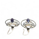 Oxidized sterling silver channel hoop earrings embellished with labradorite gemstones and plum colored crystal drops