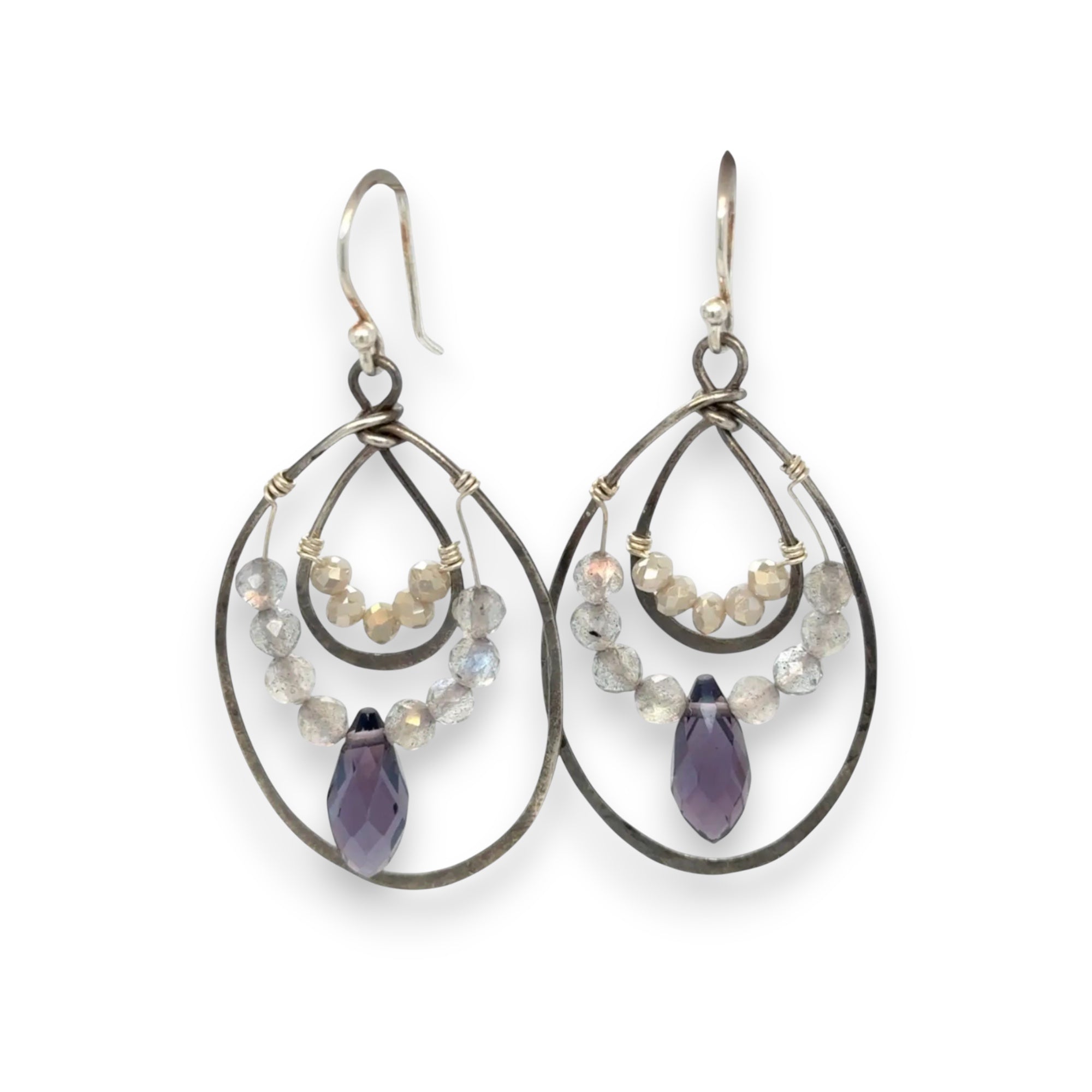Oxidized sterling silver channel hoop earrings embellished with labradorite gemstones and plum colored crystal drops