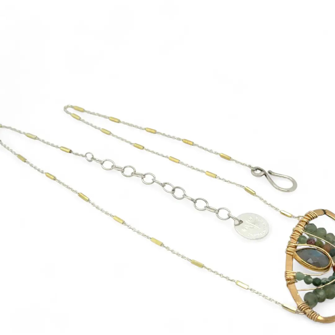 Wide brass mini pendant necklace embellished with labradorite gold vermeil drop surrounded by layers of gold filled wire with fancy jasper and green kyanite gemstones