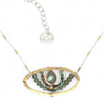 Wide brass mini pendant necklace embellished with labradorite gold vermeil drop surrounded by layers of gold filled wire with fancy jasper and green kyanite gemstones