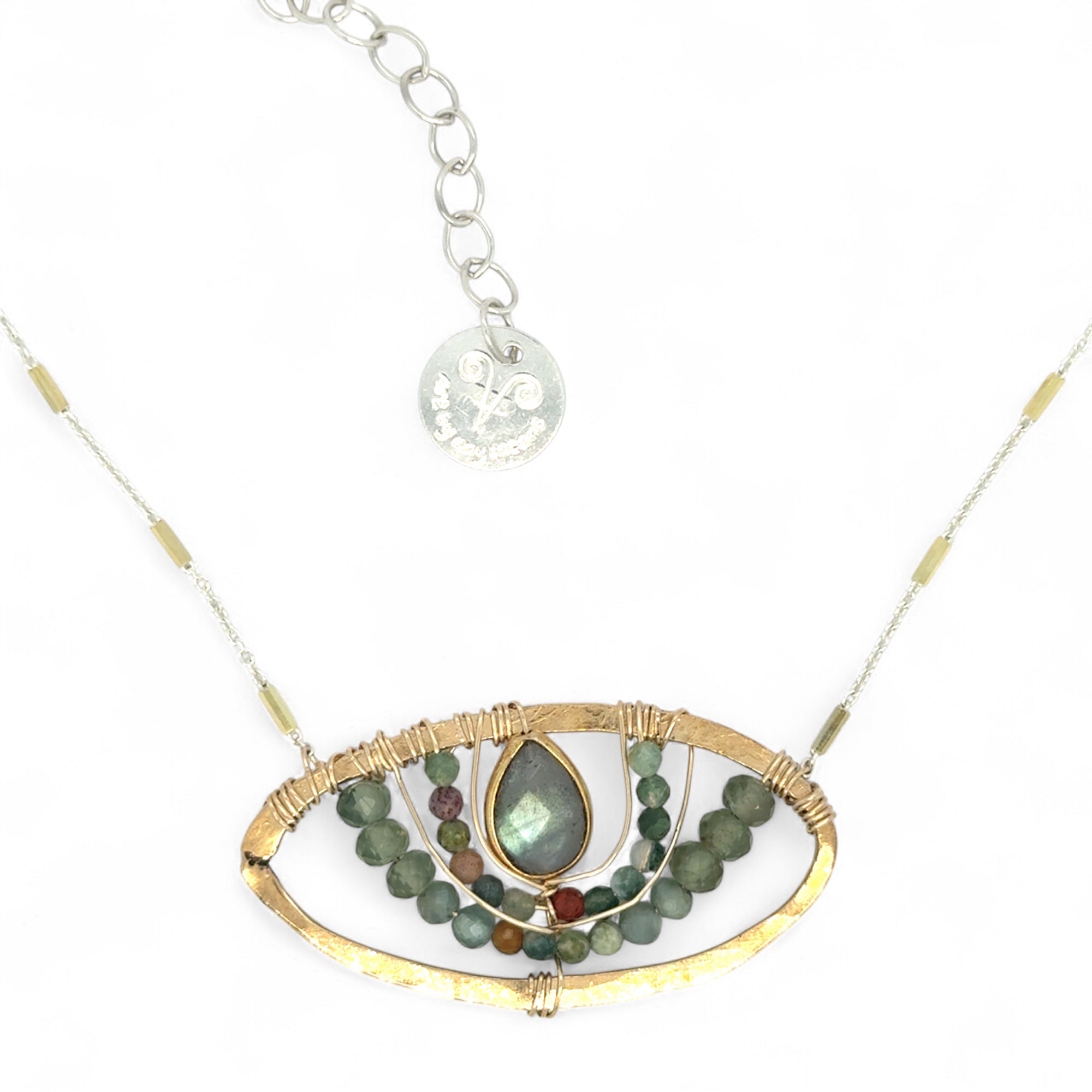 Wide brass mini pendant necklace embellished with labradorite gold vermeil drop surrounded by layers of gold filled wire with fancy jasper and green kyanite gemstones