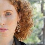 Mauve moonstone faceted coin gemstones are wrapped in brass twist wire attached to a sterling silver earring with a fresh water pearl dangle