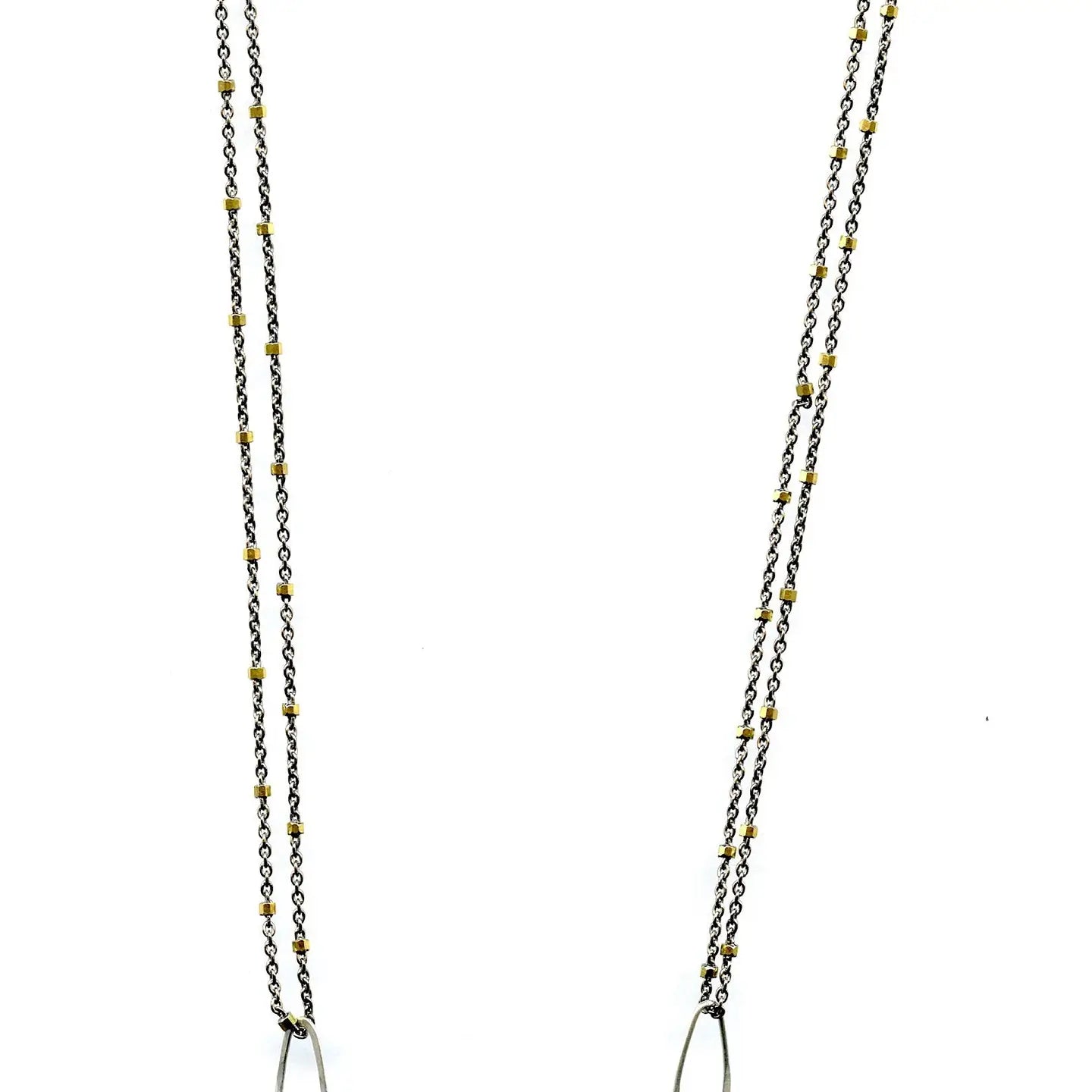 Sterling silver handmade knot pendant holding a lustrous moonstone slab hanging from a ladle of fresh water pearl and moonstone gemstones on a double up darkened sterling silver chain necklace