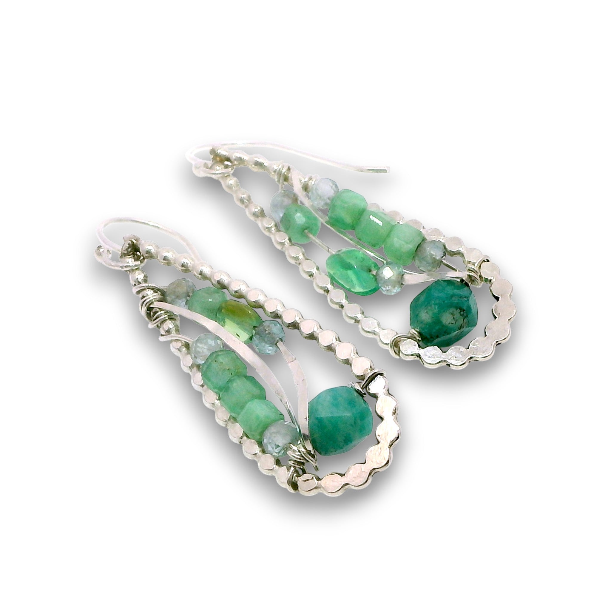 Sterling silver mini drop earrings with amazonite, green flashy opal, apatite, and chrysoprase gemstones on swirling sterling silver wire