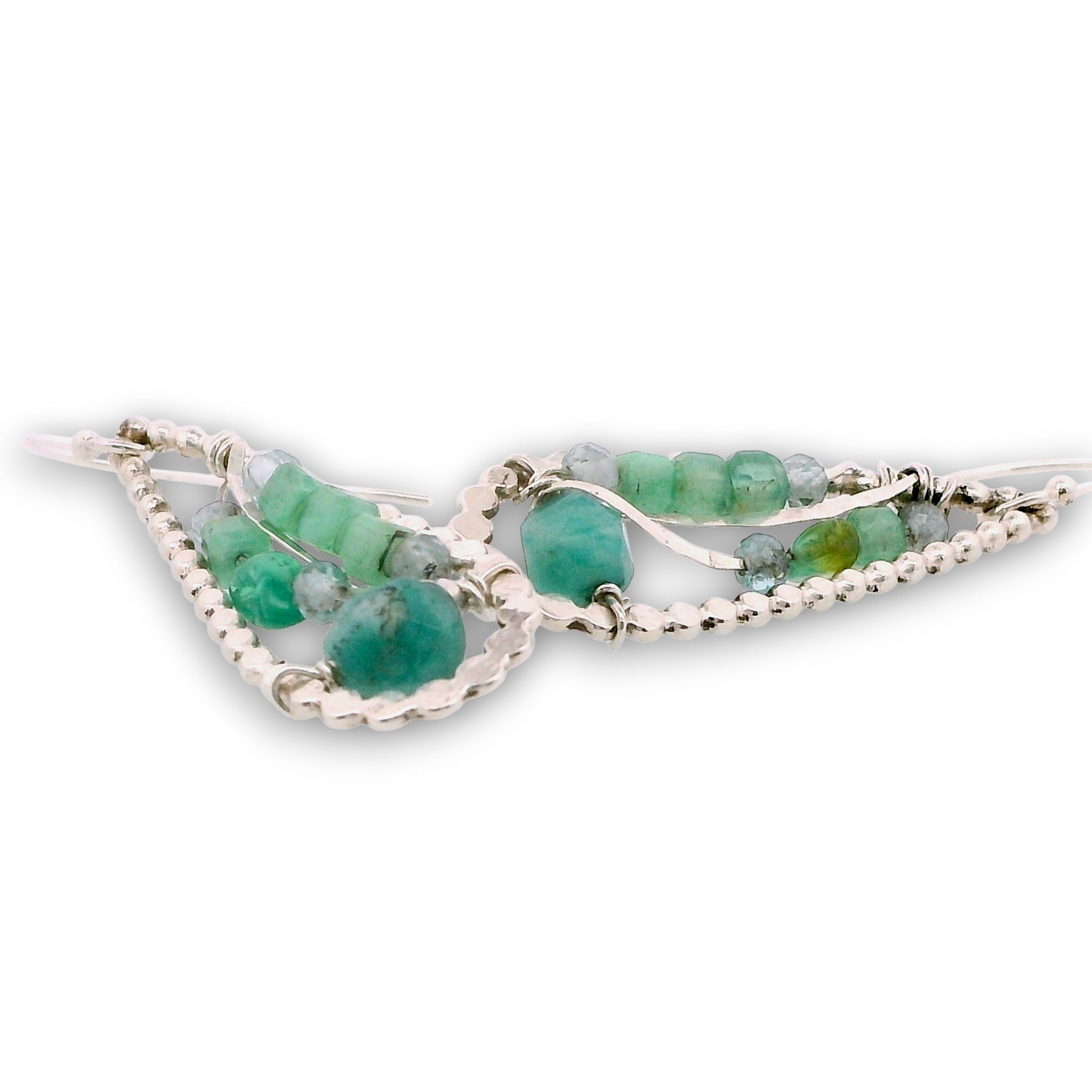 Sterling silver mini drop earrings with amazonite, green flashy opal, apatite, and chrysoprase gemstones on swirling sterling silver wire