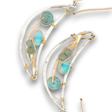 Sterling silver moon shaped earrings with flashy blue opal and faceted apatite gemstones on gold filled wire with 14k gold filled handmade earring hooks