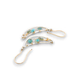 Sterling silver moon shaped earrings with flashy blue opal and faceted apatite gemstones on gold filled wire with 14k gold filled handmade earring hooks