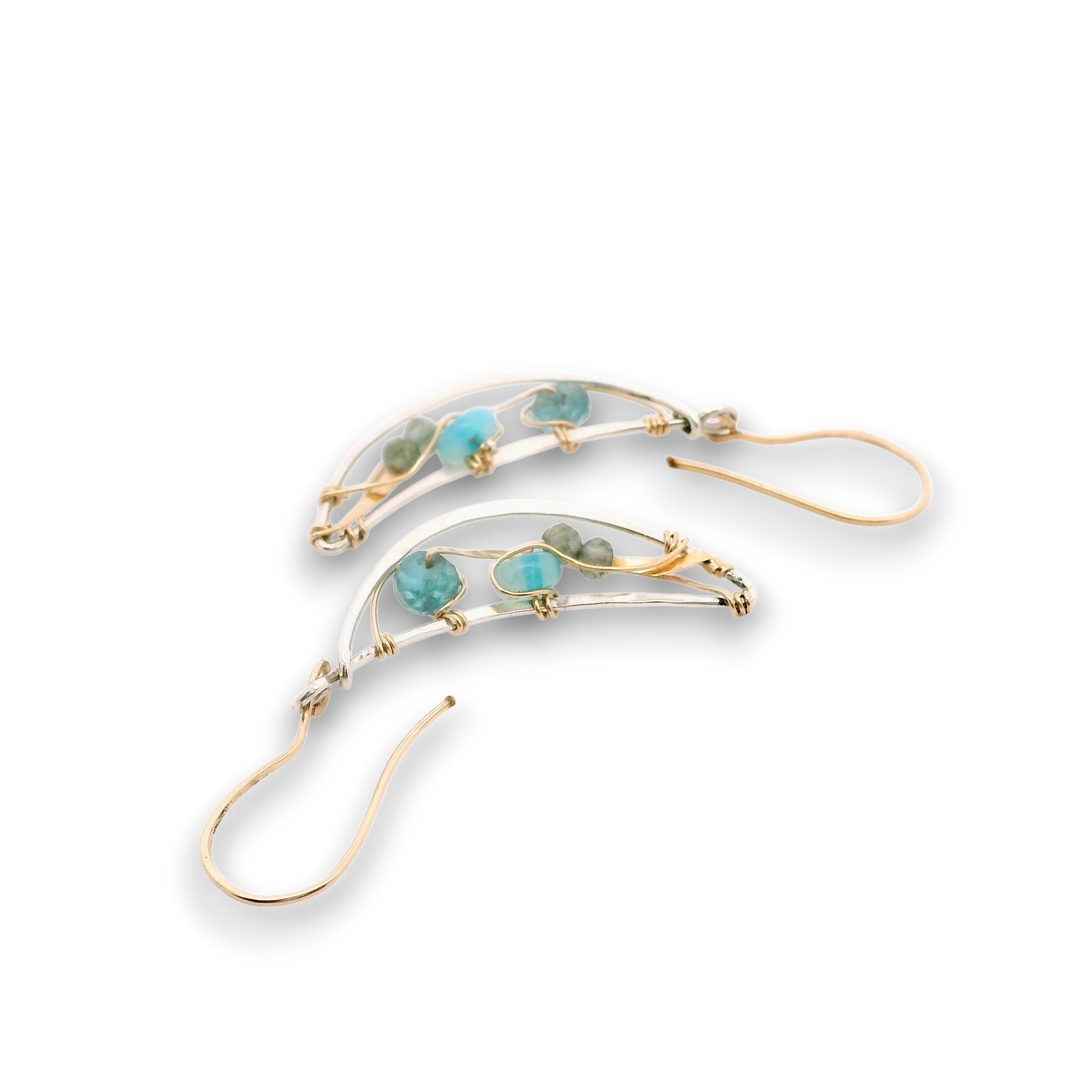 Sterling silver moon shaped earrings with flashy blue opal and faceted apatite gemstones on gold filled wire with 14k gold filled handmade earring hooks