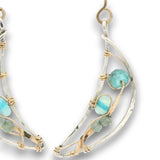 Sterling silver moon shaped earrings with flashy blue opal and faceted apatite gemstones on gold filled wire with 14k gold filled handmade earring hooks