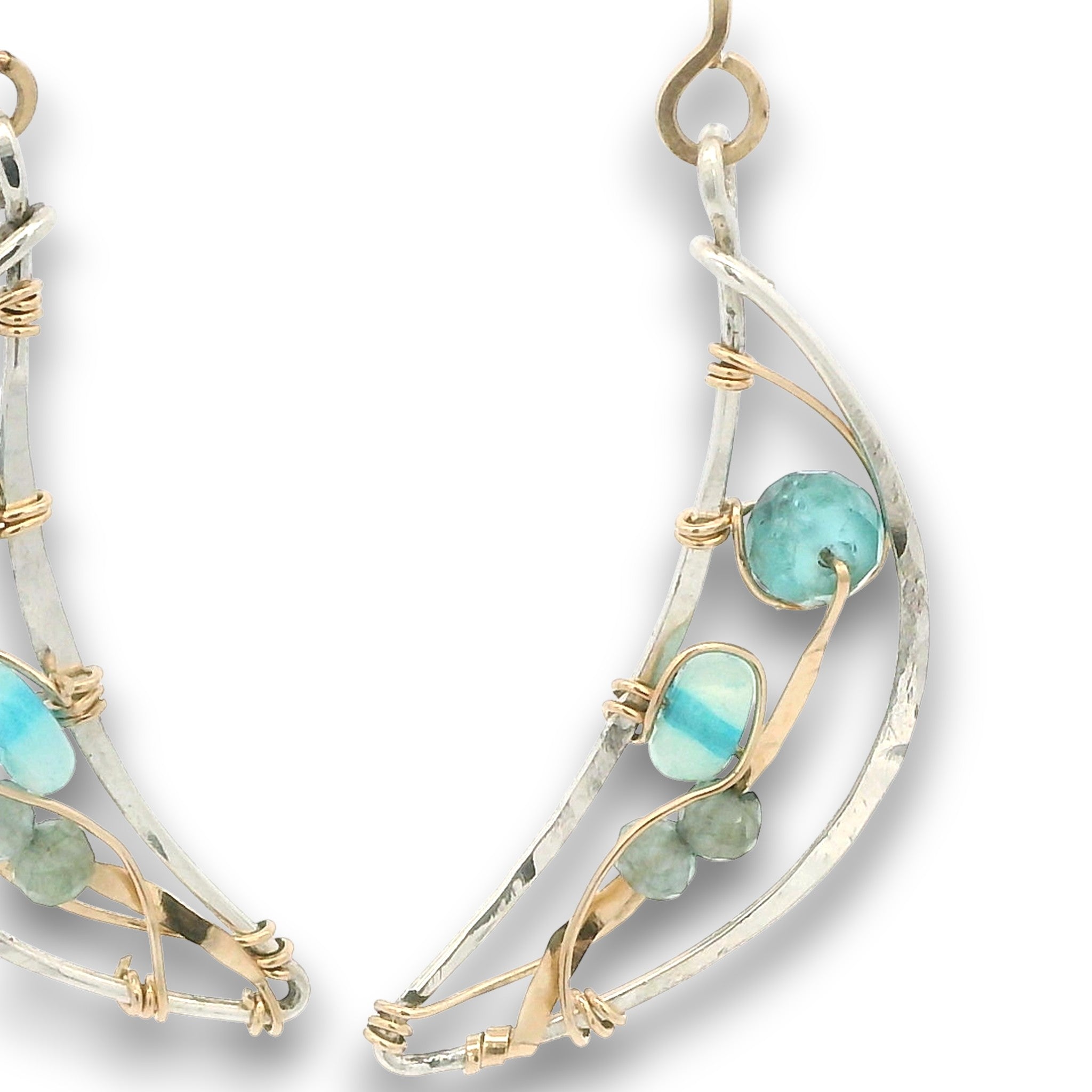 Sterling silver moon shaped earrings with flashy blue opal and faceted apatite gemstones on gold filled wire with 14k gold filled handmade earring hooks