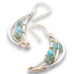 Sterling silver moon shaped earrings with flashy blue opal and faceted apatite gemstones on gold filled wire with 14k gold filled handmade earring hooks