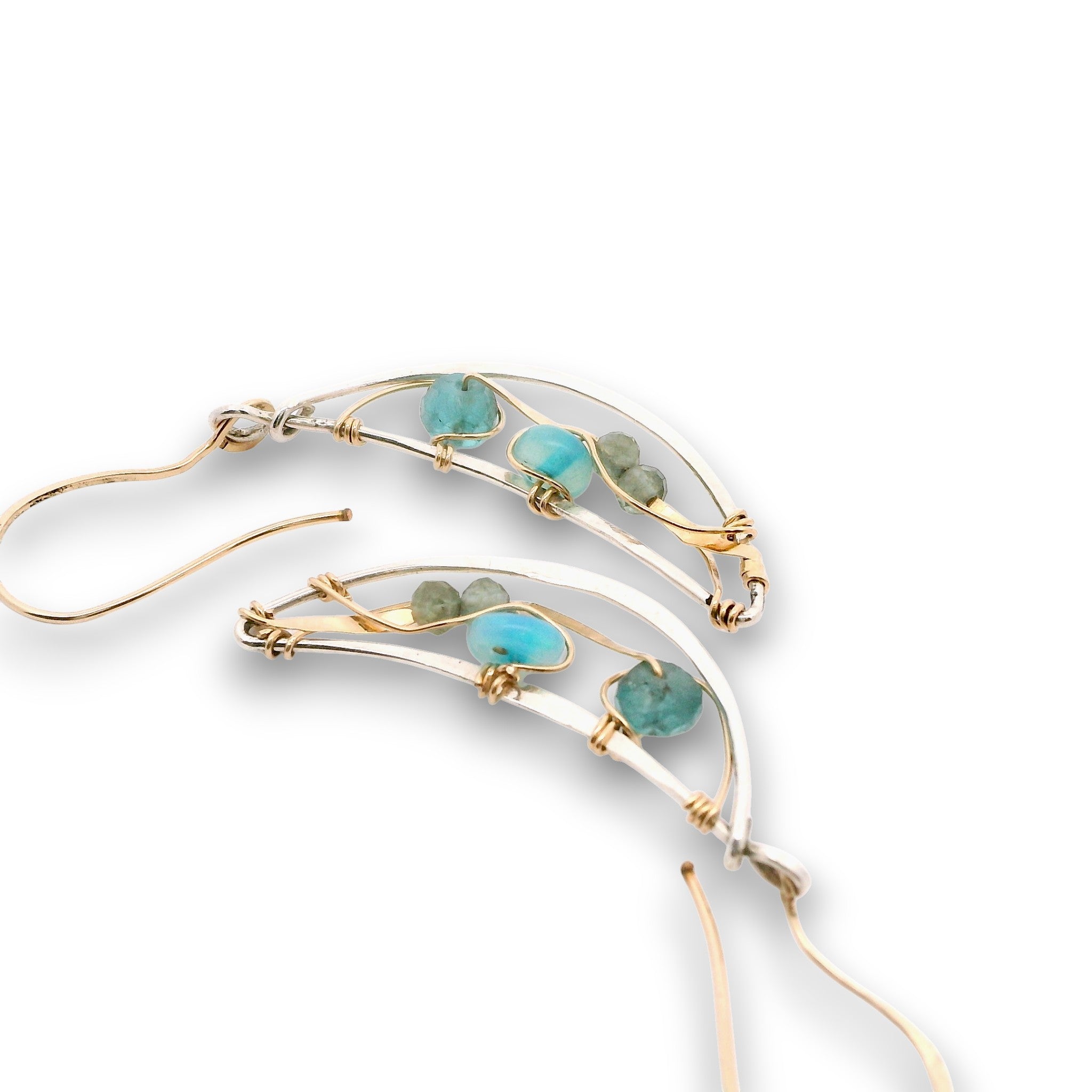 Sterling silver moon shaped earrings with flashy blue opal and faceted apatite gemstones on gold filled wire with 14k gold filled handmade earring hooks
