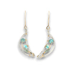 Sterling silver moon shaped earrings with flashy blue opal and faceted apatite gemstones on gold filled wire with 14k gold filled handmade earring hooks