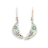 Sterling silver moon shaped earrings with flashy blue opal and faceted apatite gemstones on gold filled wire with 14k gold filled handmade earring hooks