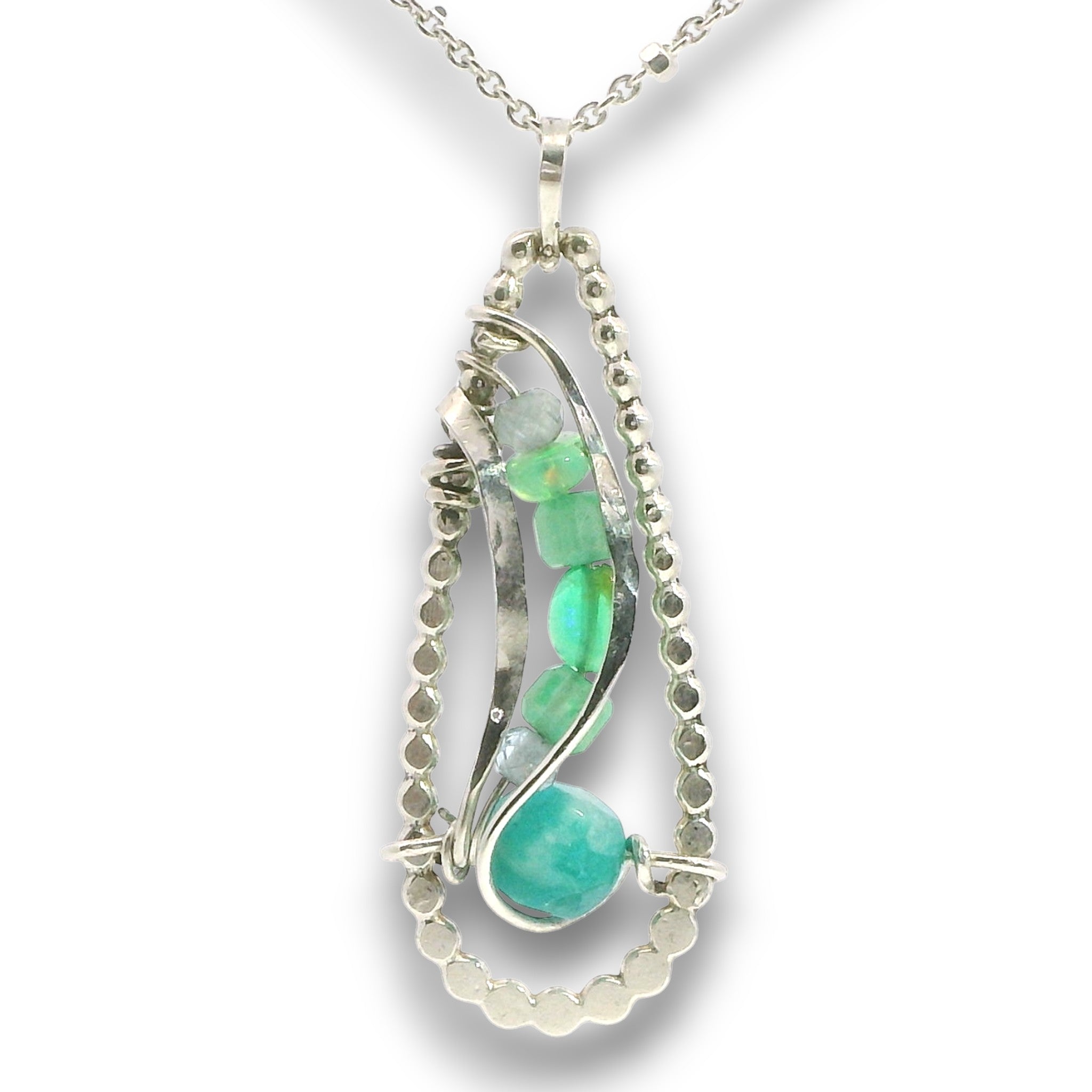 sterling silver necklace with a mini teardrop pendant filled with amazonite, chrysoprase, green opal and apatite gemstones