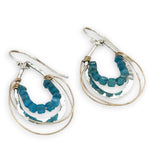 mini hammered sterling silver teardrop earrings wrapped in gold filled wire webbing accented with apatite teal faceted cube gemstones