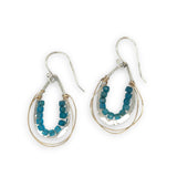 mini hammered sterling silver teardrop earrings wrapped in gold filled wire webbing accented with apatite teal faceted cube gemstones