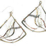 Biwa fresh water stick pearls are cocooned in swishes of copper, brass and sterling silver hammered wires, accented with labradorite gemstones in a large brass hammered fan earrings