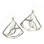 Biwa fresh water stick pearls are cocooned in swishes of copper, brass and sterling silver hammered wires, accented with labradorite gemstones in a large brass hammered fan earrings