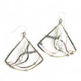 Biwa fresh water stick pearls are cocooned in swishes of copper, brass and sterling silver hammered wires, accented with labradorite gemstones in a large brass hammered fan earrings