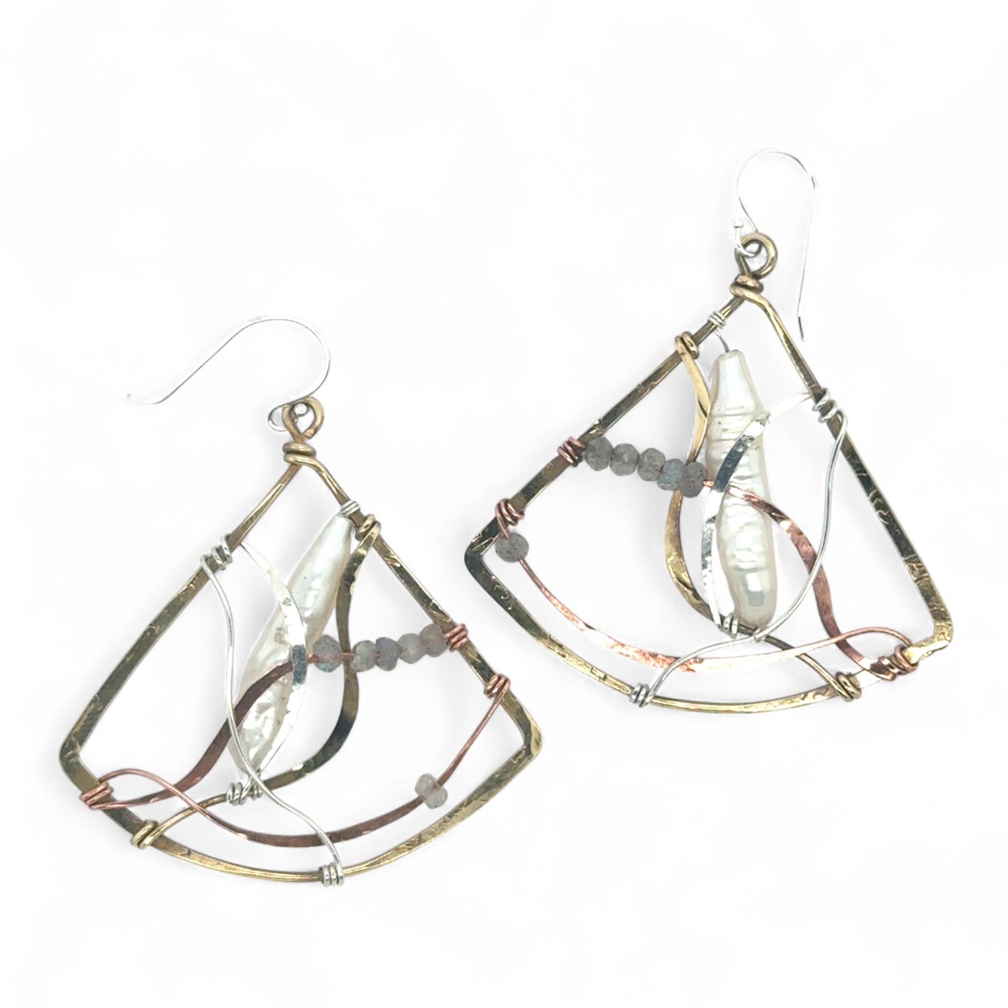 Biwa fresh water stick pearls are cocooned in swishes of copper, brass and sterling silver hammered wires, accented with labradorite gemstones in a large brass hammered fan earrings