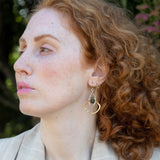 Sterling silver mini marquise with brass fan earring featuring black velvet moonstone and pyrite gemstones