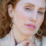 Sterling silver mini marquise with brass fan earring featuring black velvet moonstone and pyrite gemstones