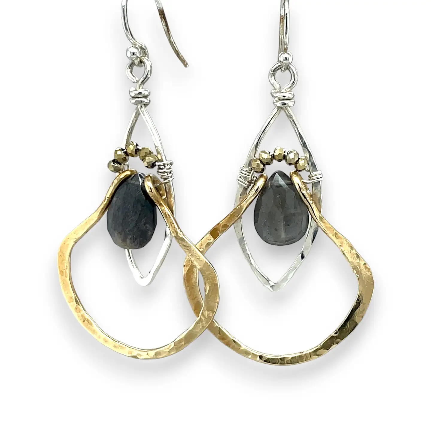 Sterling silver mini marquise with brass fan earring featuring black velvet moonstone and pyrite gemstones